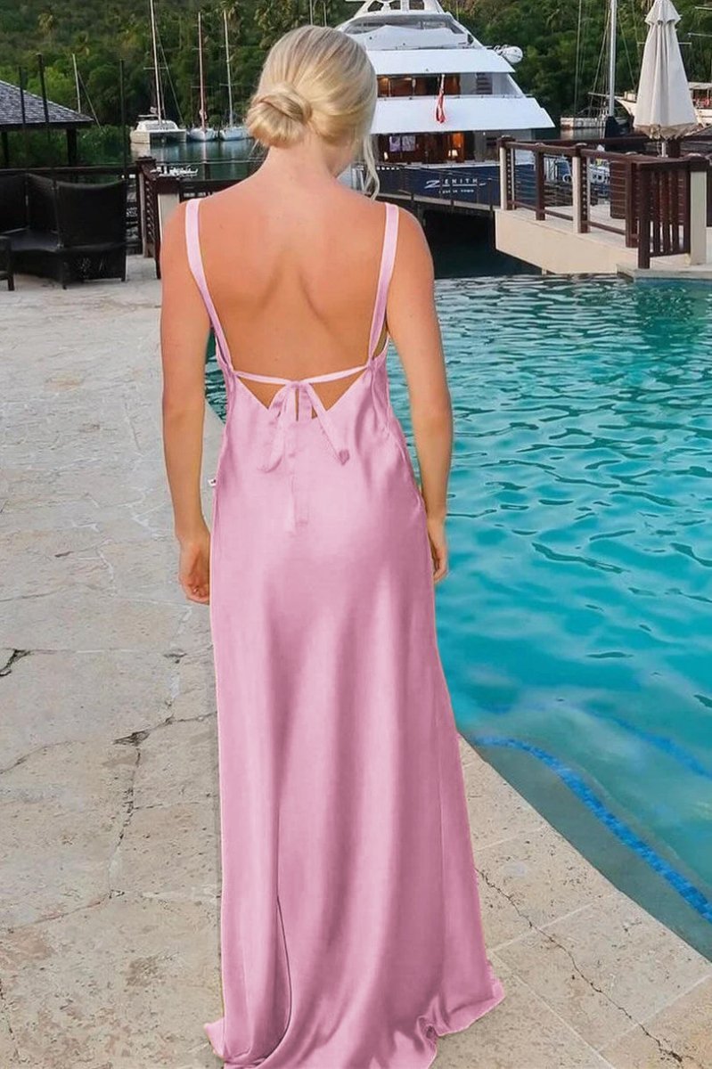 Yellow Satin Sheath Bridesmaid Dress with V-Neck Neckline and Slit
