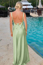 Yellow Satin Sheath Bridesmaid Dress with V-Neck Neckline and Slit