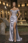 Burgundy Off The Shoulder Mermaid Beaded Satin Long Formal Prom Gown With Appliques
