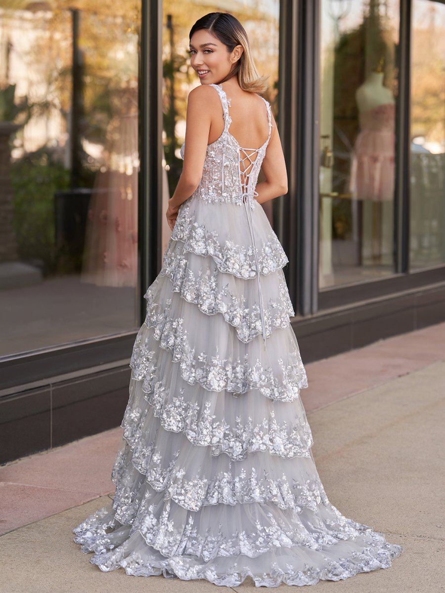 A-Line Lace Off-the-Shoulder Tiered Long Formal Prom Gown with Slit