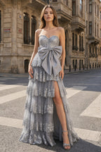 Sweetheart Light Blue Lace Appliques Ruffle Long Formal Gown