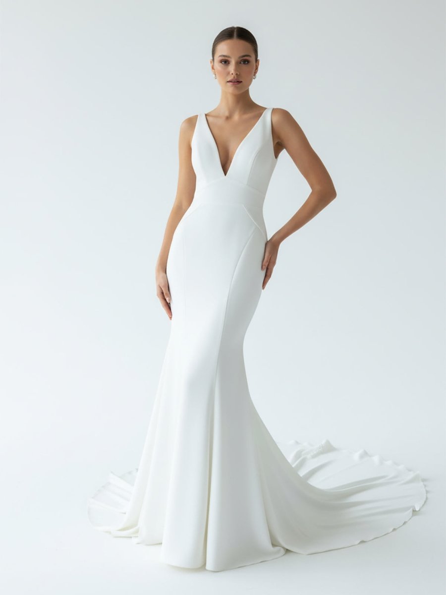 Diamond White Satin Mermaid Wedding Dress with V-Neck Neckline and Sweep Train