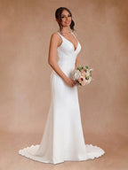 Diamond White Satin Mermaid Wedding Dress with V-Neck Neckline and Sweep Train