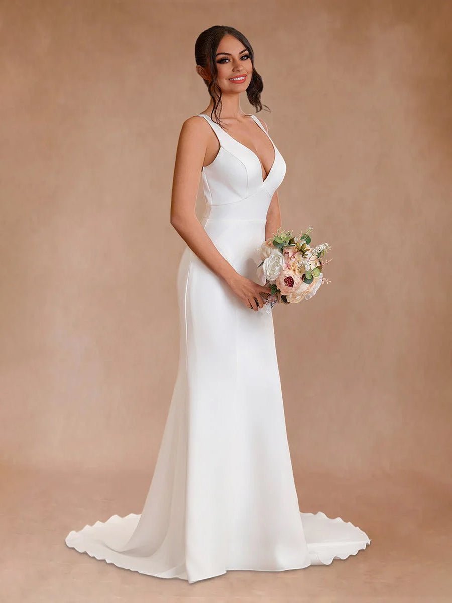 Diamond White Satin Mermaid Wedding Dress with V-Neck Neckline and Sweep Train