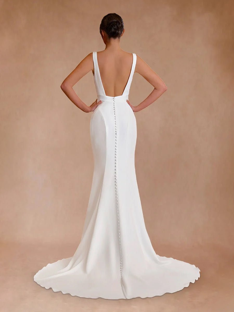 Diamond White Satin Mermaid Wedding Dress with V-Neck Neckline and Sweep Train