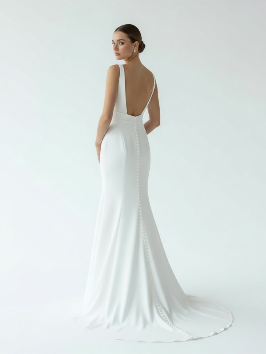 Diamond White Satin Mermaid Wedding Dress with V-Neck Neckline and Sweep Train