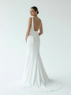 Diamond White Satin Mermaid Wedding Dress with V-Neck Neckline and Sweep Train