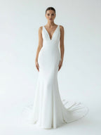 Diamond White Satin Mermaid Wedding Dress with V-Neck Neckline and Sweep Train