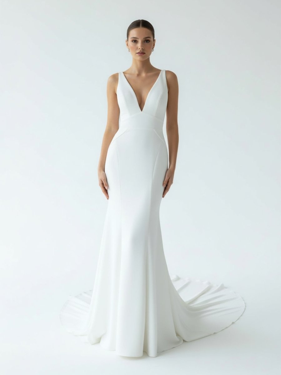 Diamond White Satin Mermaid Wedding Dress with V-Neck Neckline and Sweep Train