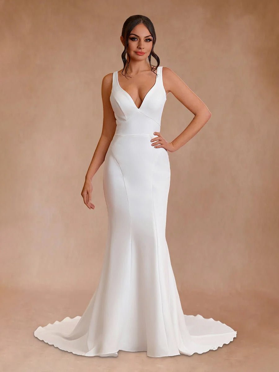 Diamond White Satin Mermaid Wedding Dress with V-Neck Neckline and Sweep Train