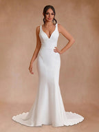 Diamond White Satin Mermaid Wedding Dress with V-Neck Neckline and Sweep Train
