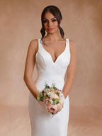 Diamond White Satin Mermaid Wedding Dress with V-Neck Neckline and Sweep Train
