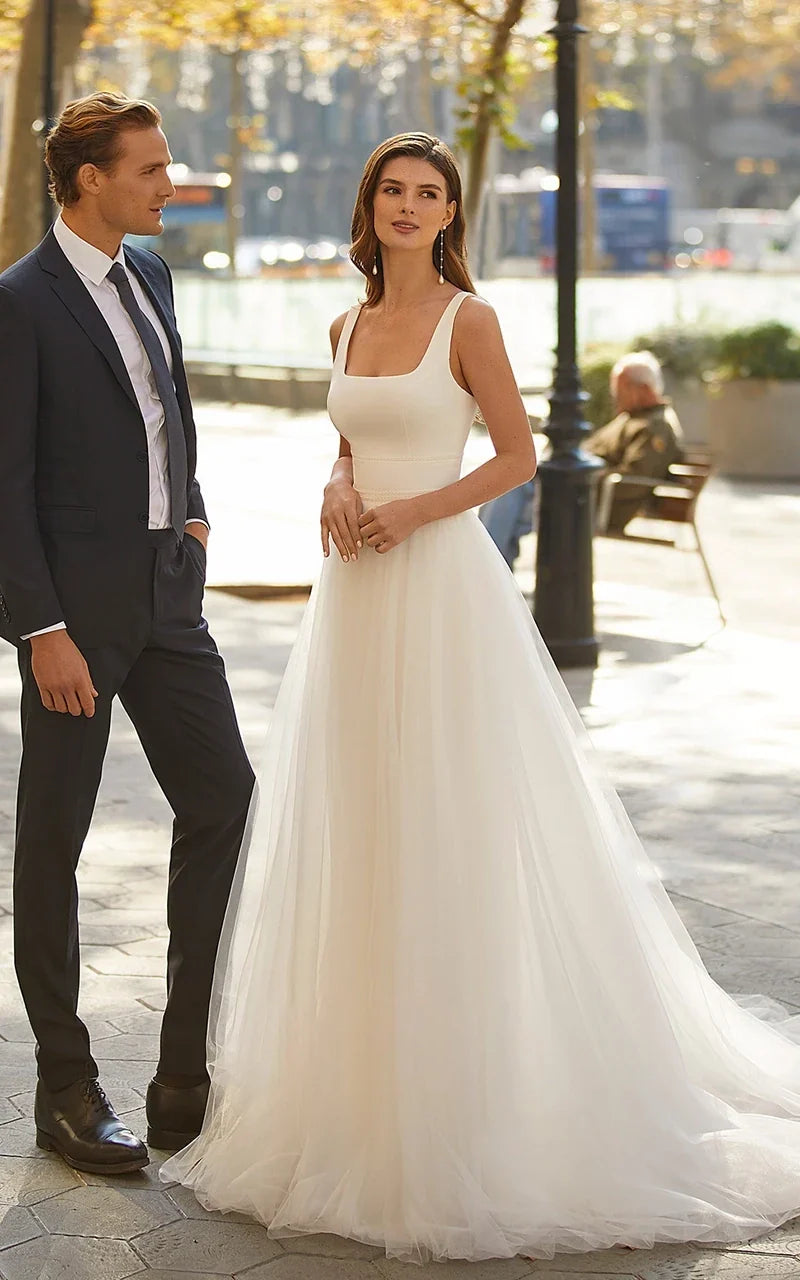 Diamond White Tulle A-Line Wedding Dress with Square Neck Neckline and Sweep Train