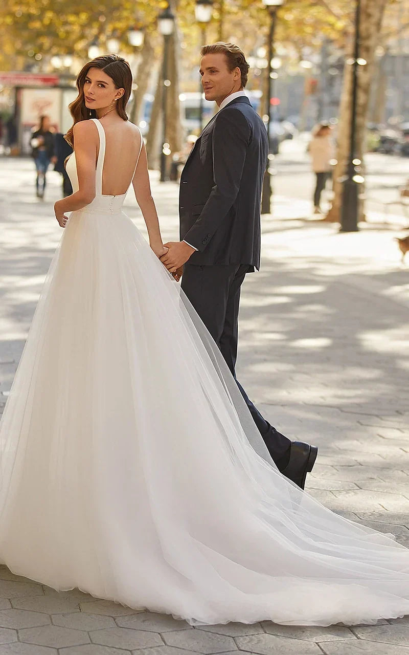Diamond White Tulle A-Line Wedding Dress with Square Neck Neckline and Sweep Train