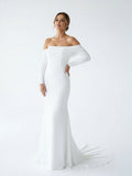 Diamond White Satin Mermaid Wedding Dress with Off The Shoulder Neckline and Sweep Train