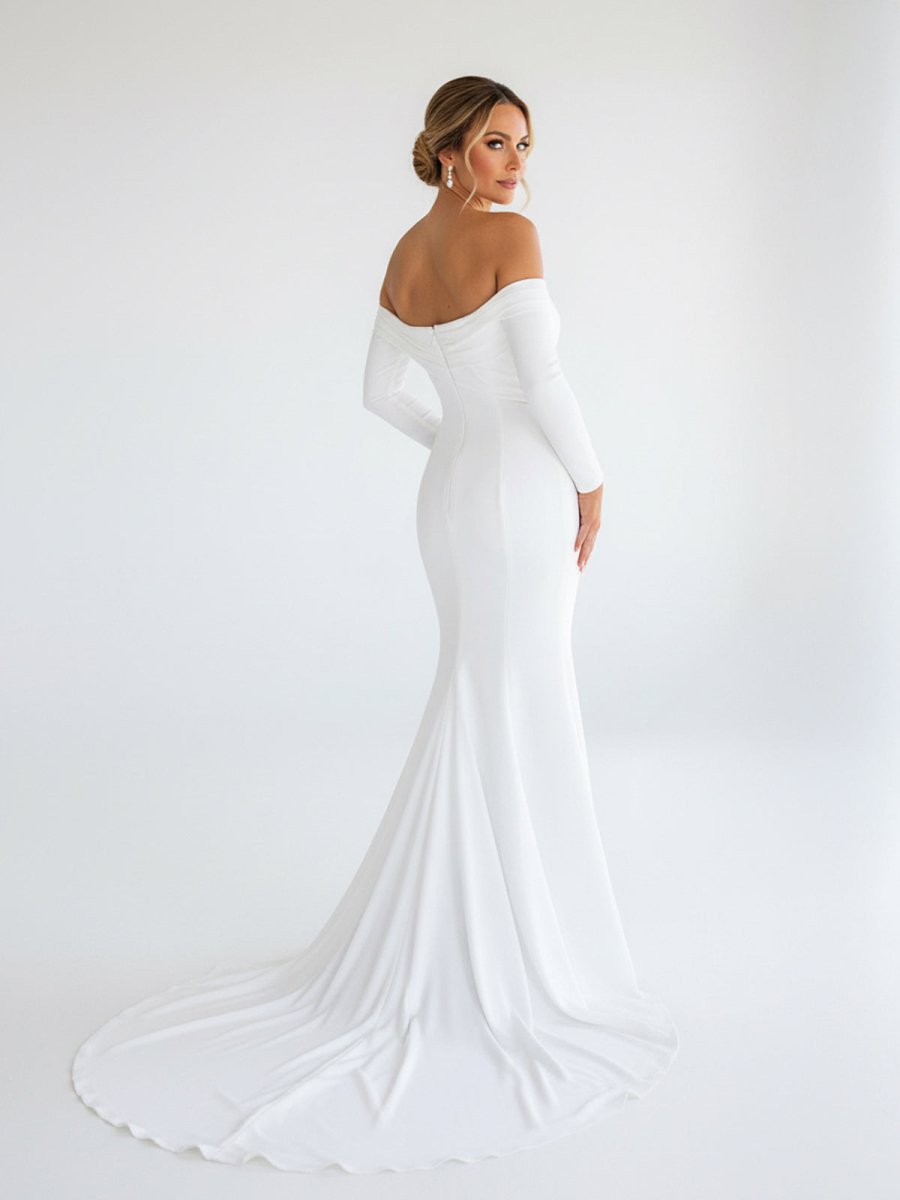 Diamond White Satin Mermaid Wedding Dress with Off The Shoulder Neckline and Sweep Train