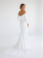 Diamond White Satin Mermaid Wedding Dress with Off The Shoulder Neckline and Sweep Train