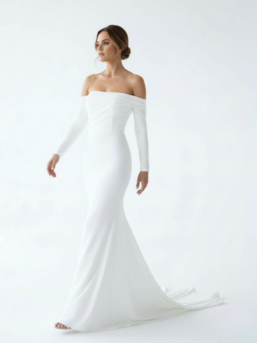Diamond White Satin Mermaid Wedding Dress with Off The Shoulder Neckline and Sweep Train