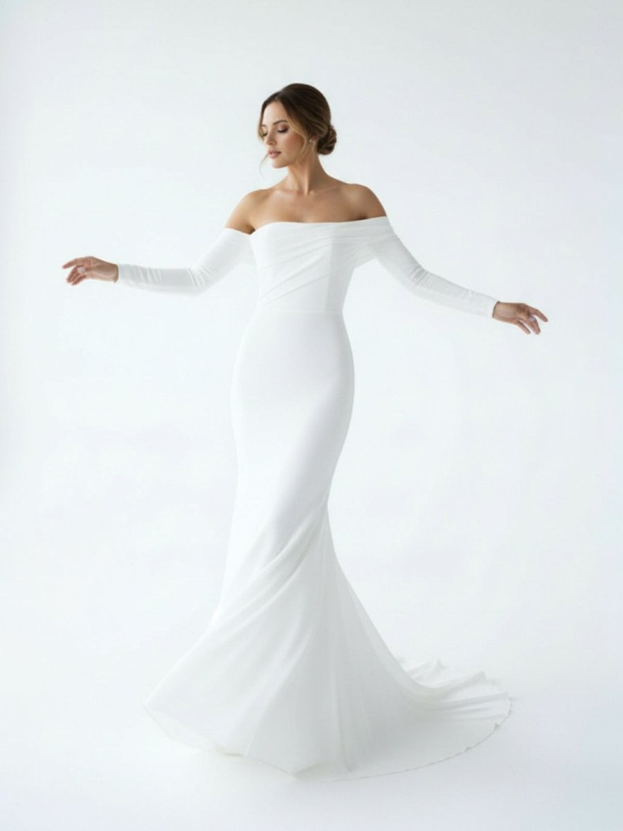 Diamond White Satin Mermaid Wedding Dress with Off The Shoulder Neckline and Sweep Train