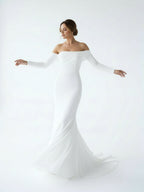 Diamond White Satin Mermaid Wedding Dress with Off The Shoulder Neckline and Sweep Train