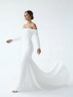 Diamond White Satin Mermaid Wedding Dress with Off The Shoulder Neckline and Sweep Train