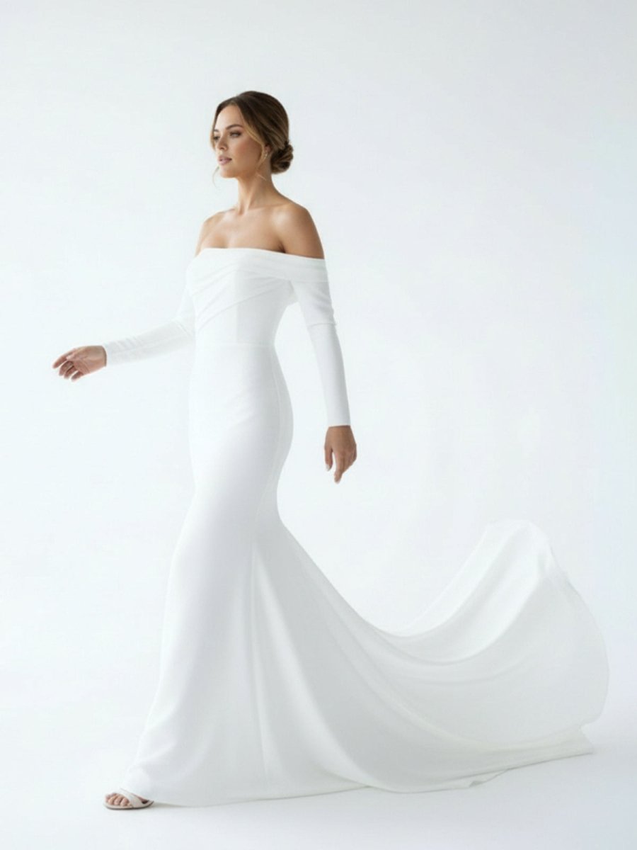 Diamond White Satin Mermaid Wedding Dress with Off The Shoulder Neckline and Sweep Train