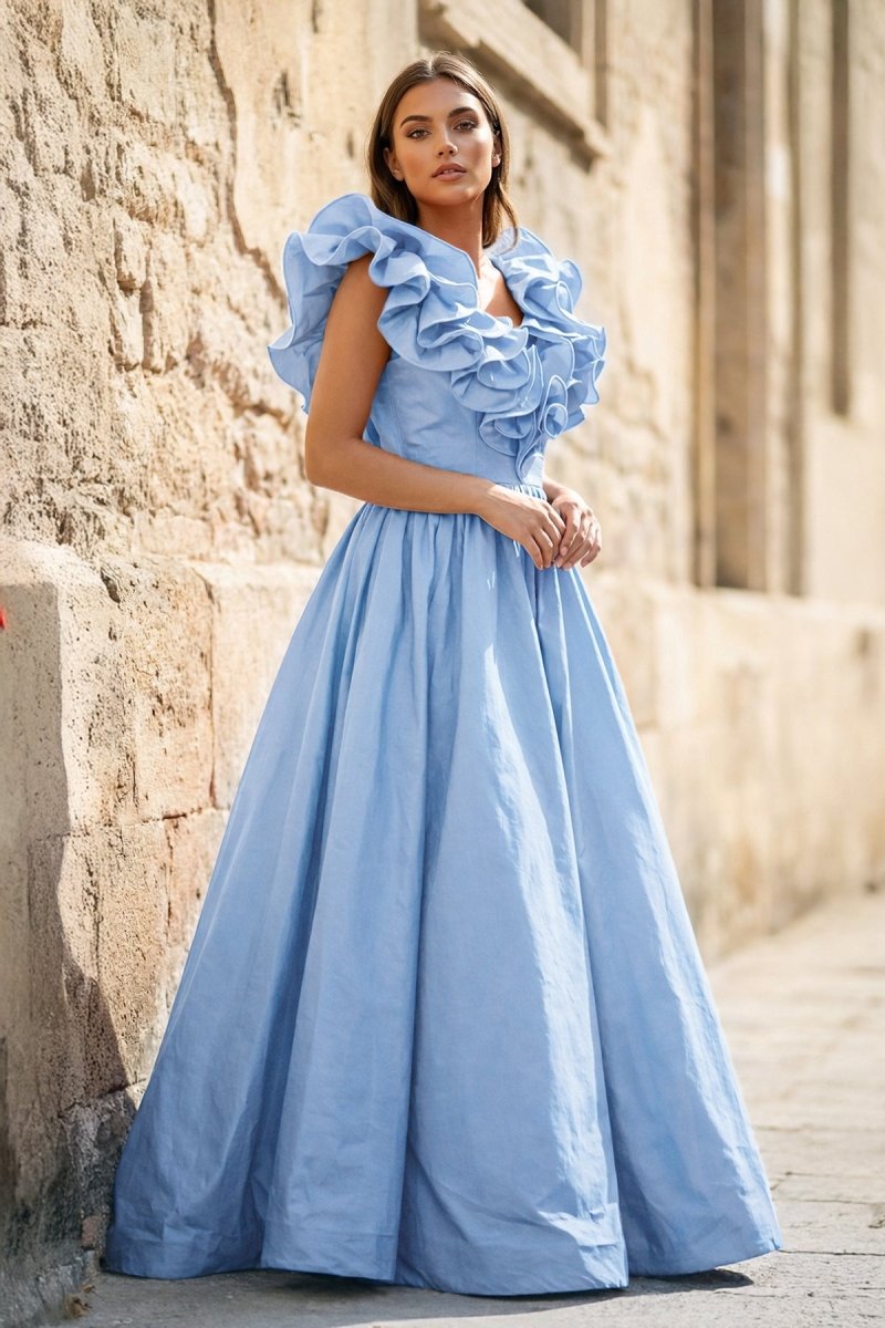 Kallista Sky Blue front view prom dress