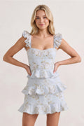 Sky Blue Printed Knitted Linen Ruffled Sheath Homecoming Dress