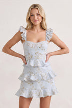Sky Blue Printed Knitted Linen Ruffled Sheath Homecoming Dress