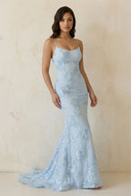 Sky Blue Spaghetti Straps Mermaid Tulle Long Formal Prom Gown With Appliques