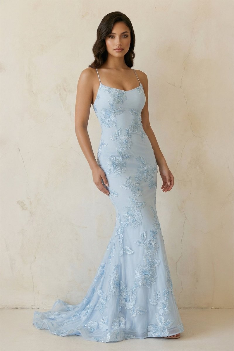 Sky Blue Spaghetti Straps Mermaid Tulle Long Formal Prom Gown With Appliques