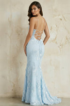 Sky Blue Spaghetti Straps Mermaid Tulle Long Formal Prom Gown With Appliques