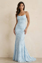 Sky Blue Spaghetti Straps Mermaid Tulle Long Formal Prom Gown With Appliques