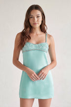 Sky Blue Spaghetti Straps Satin Sheath Homecoming Dress With Rhinestones