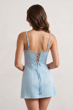 Sky Blue Spaghetti Straps Satin Sheath Homecoming Dress With Rhinestones