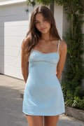 Sky Blue Spaghetti Straps Satin Sheath Homecoming Dress With Rhinestones