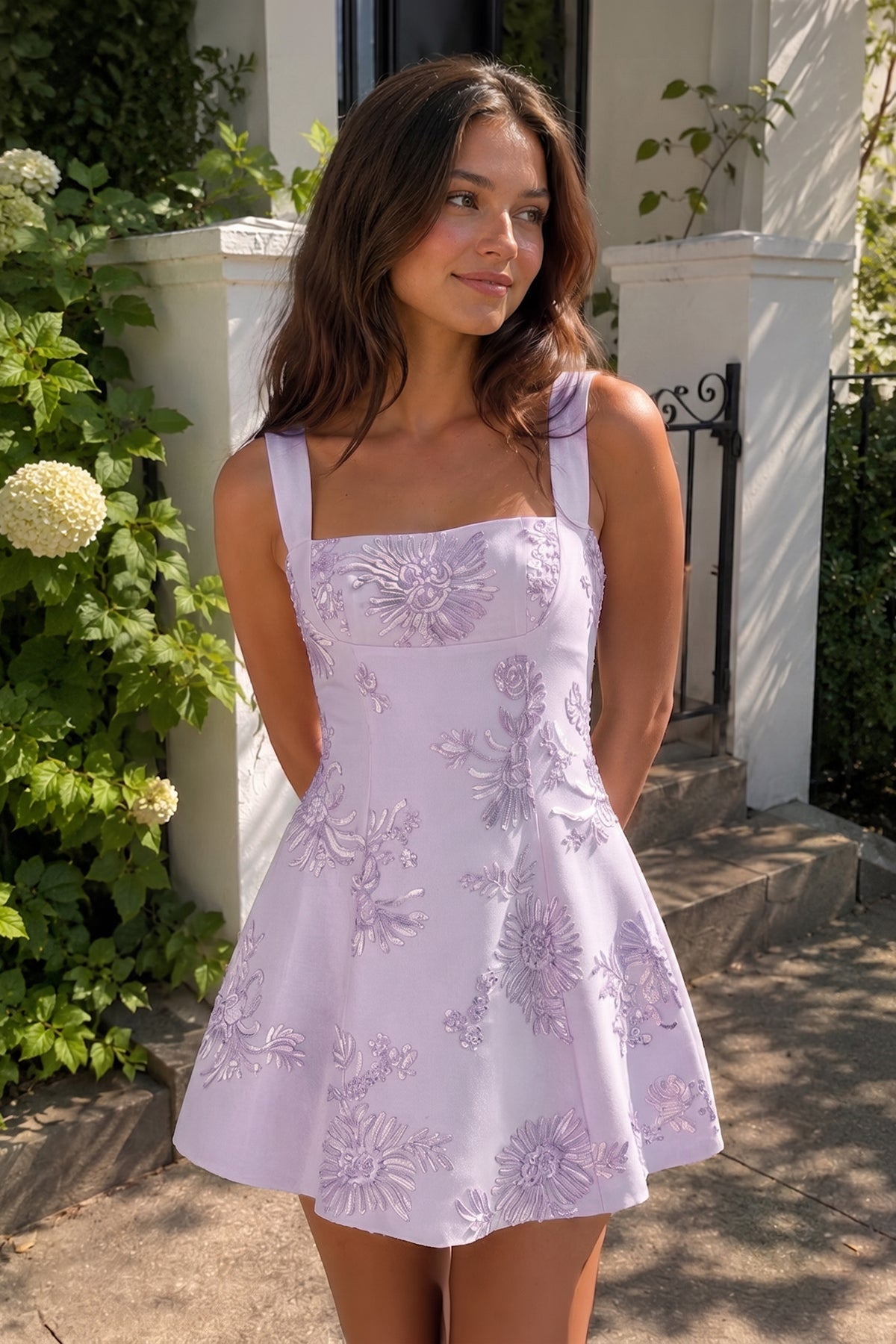 Sky Blue Square Neck Embroidered Flower Lace A-Line Homecoming Dress