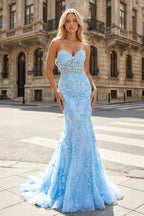 Sky Blue Tulle Mermaid Evening Dress with Strapless Neckline and Appliques