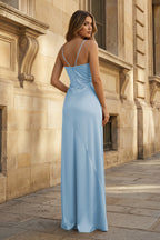 Yellow Satin Sheath Evening Dress with Sweetheart Neckline and Slit