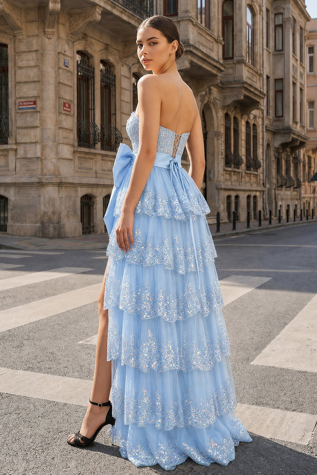 Sweetheart Light Blue Lace Appliques Ruffle Long Formal Gown