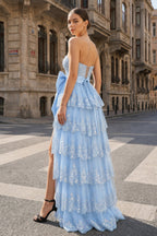 Sweetheart Light Blue Lace Appliques Ruffle Long Formal Gown