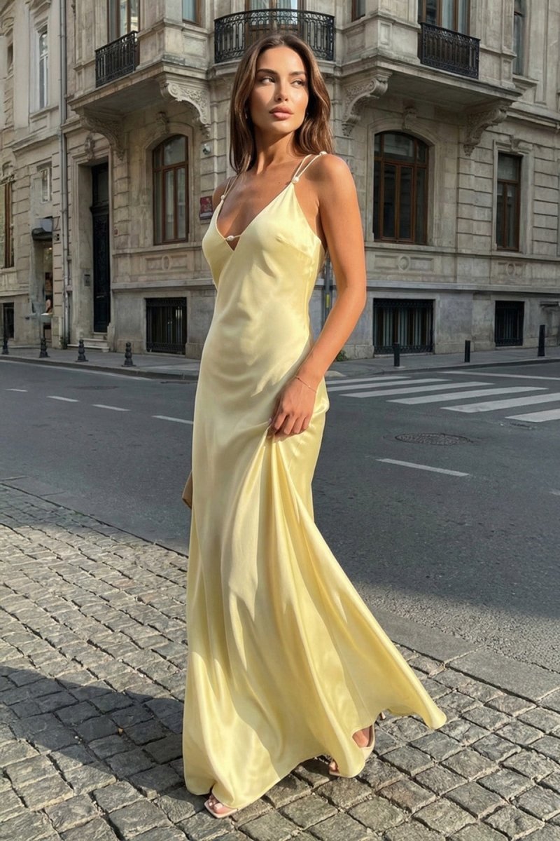 Quintessa Mae Yellow front view prom dress