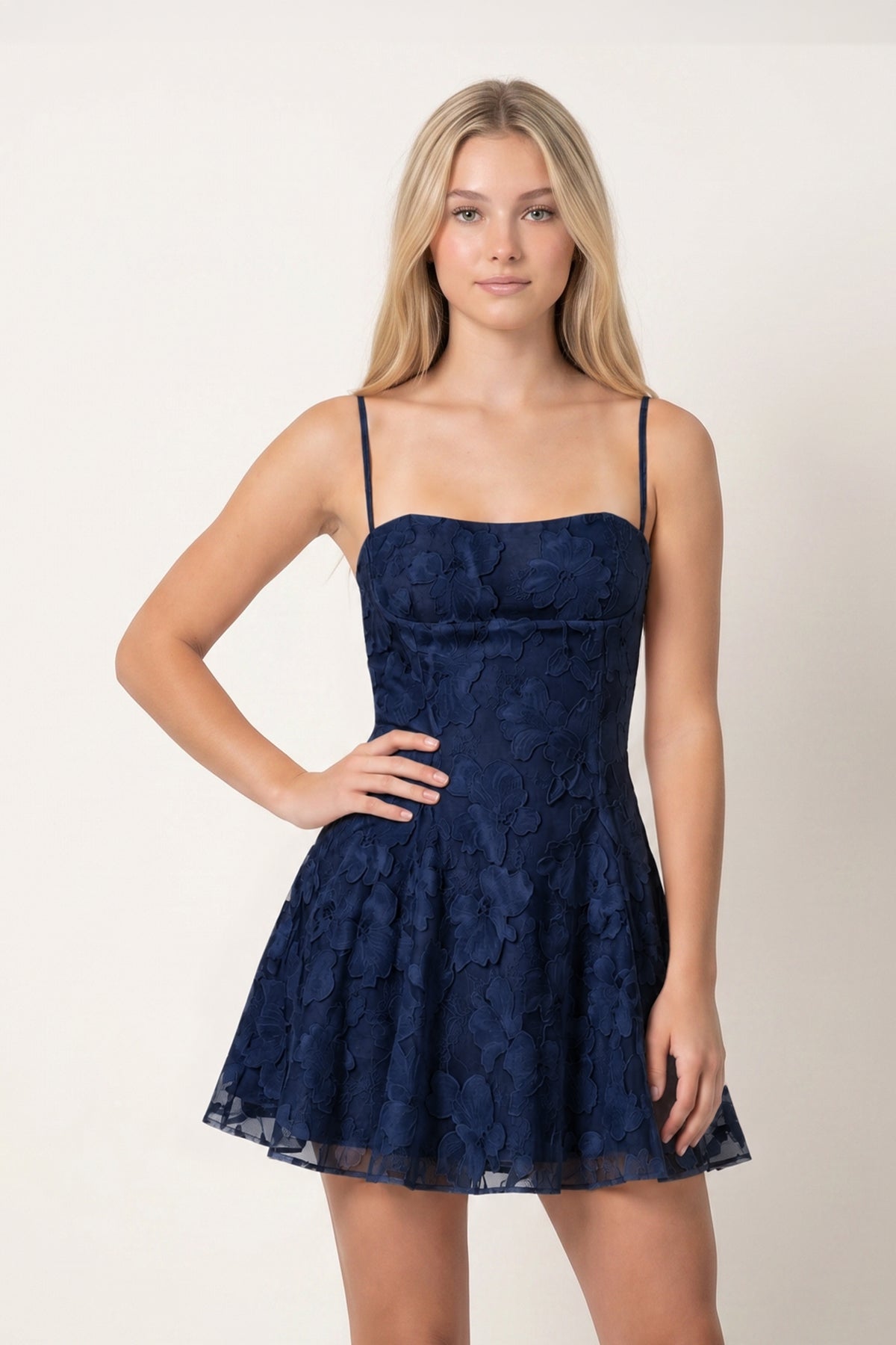 Jordana Navy Blue side view homecoming dress