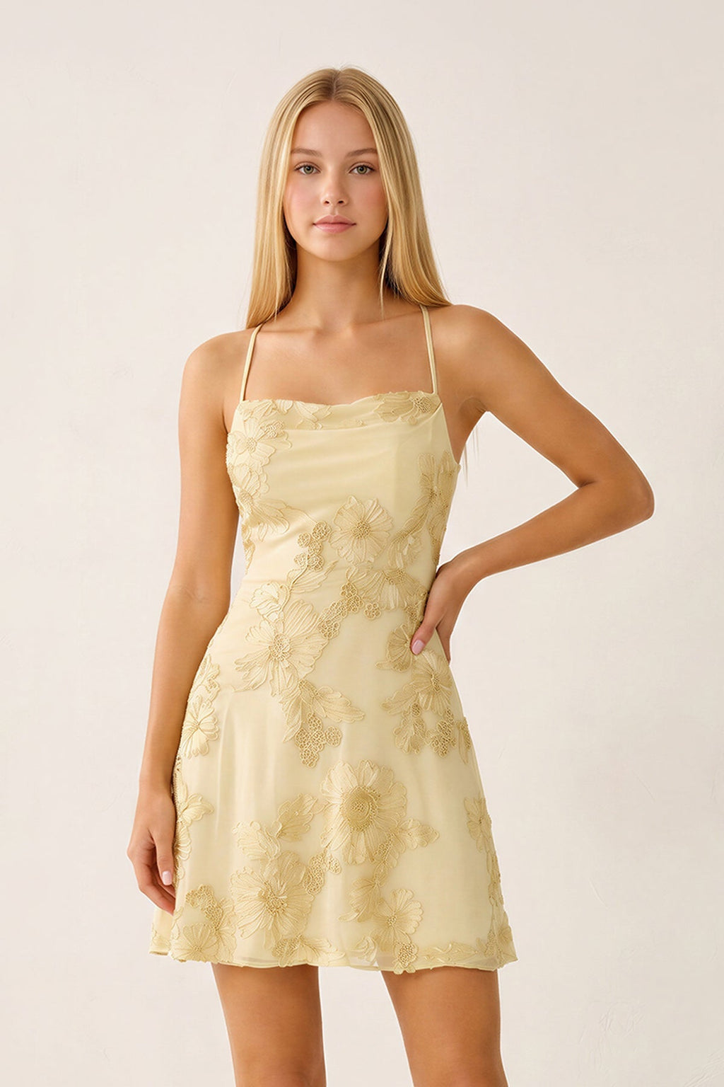 Spaghetti Straps A-Line Embroidered Tulle Homecoming Dress