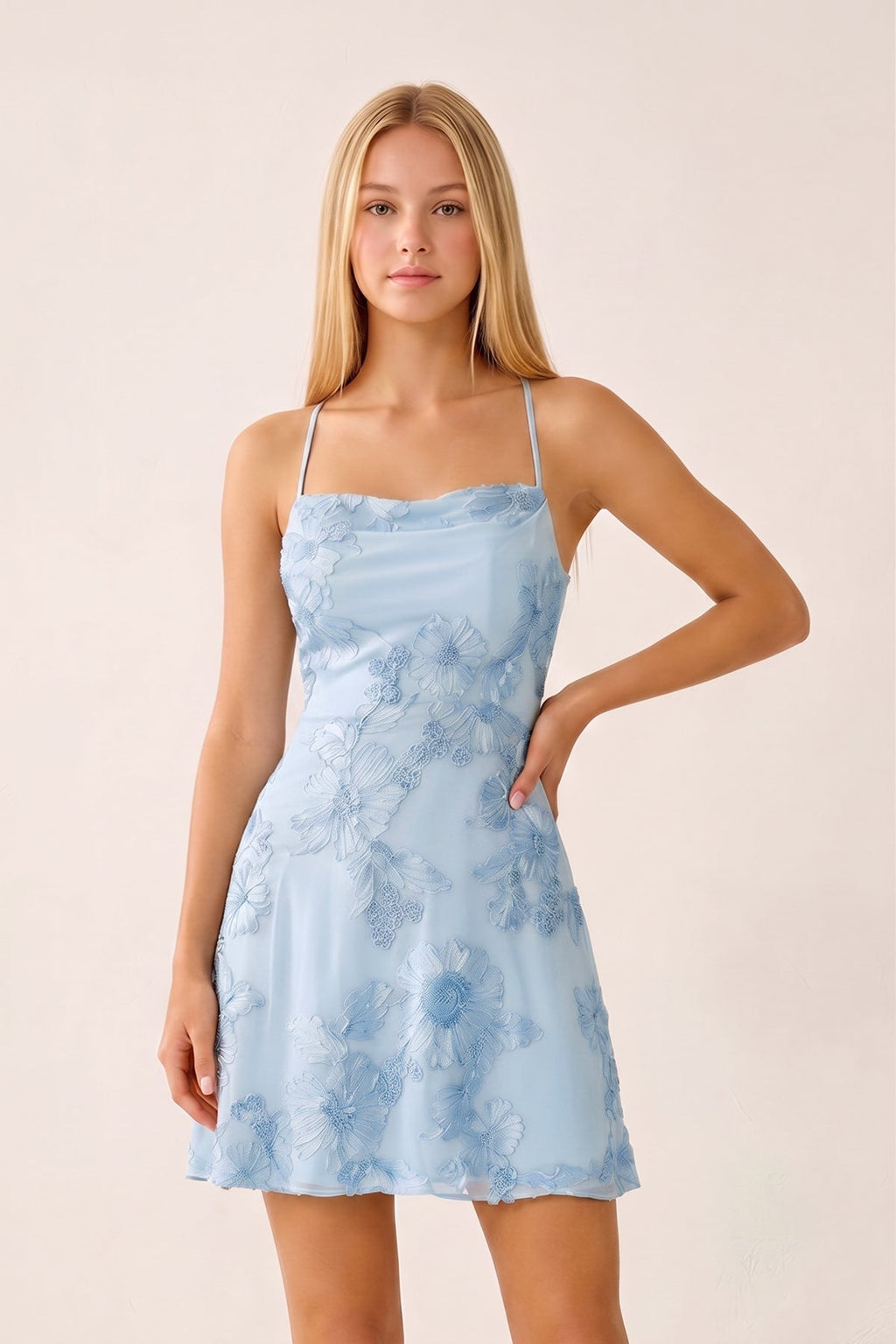 Spaghetti Straps A-Line Embroidered Tulle Homecoming Dress