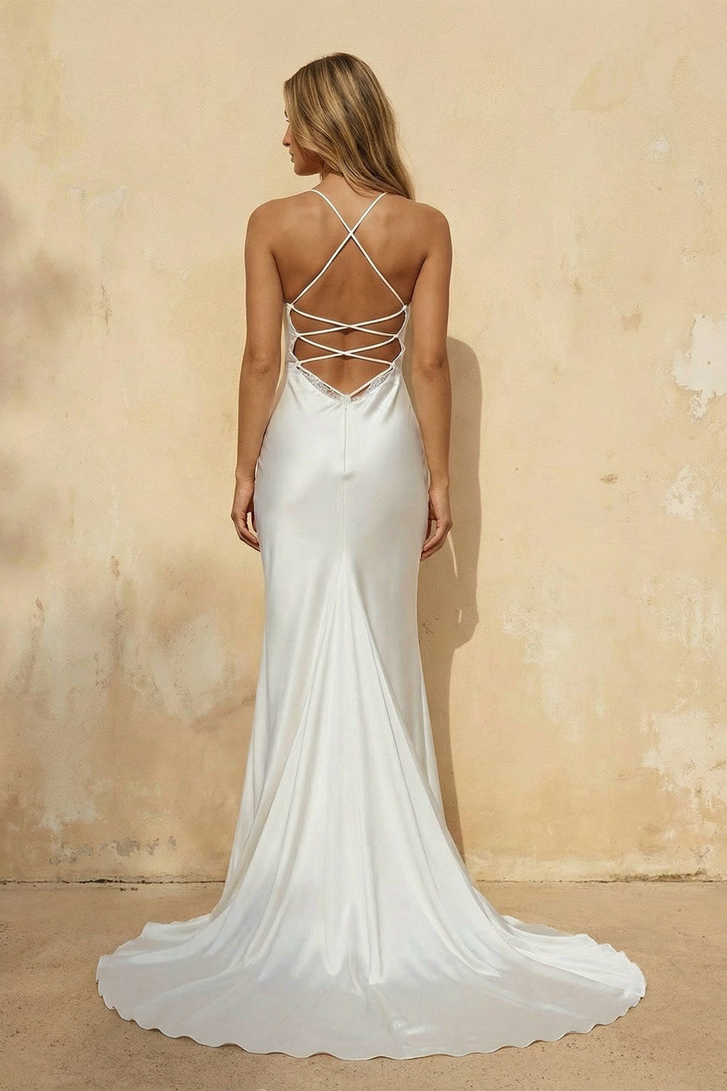 Diamond White Satin Mermaid Wedding Dress with V-Neck Neckline and Appliques