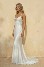 Diamond White Satin Mermaid Wedding Dress with V-Neck Neckline and Appliques