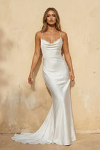 Diamond White Satin Mermaid Wedding Dress with V-Neck Neckline and Appliques