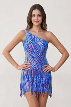 Sparkly Blue One Shoulder Sequins Mini Party Dresses with Fringes