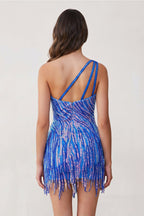 Sparkly Blue One Shoulder Sequins Mini Party Dresses with Fringes